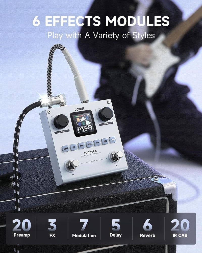 Donner Pocket-X Multi Effects Guitar Pedal Guitar/Bass AMP Modeler Multi Effects Processor Portable Rechargeable Guitar Pedal with 6 Effects Modules, 80 Presets, 20 IRs for Electric Guitar - Image 2